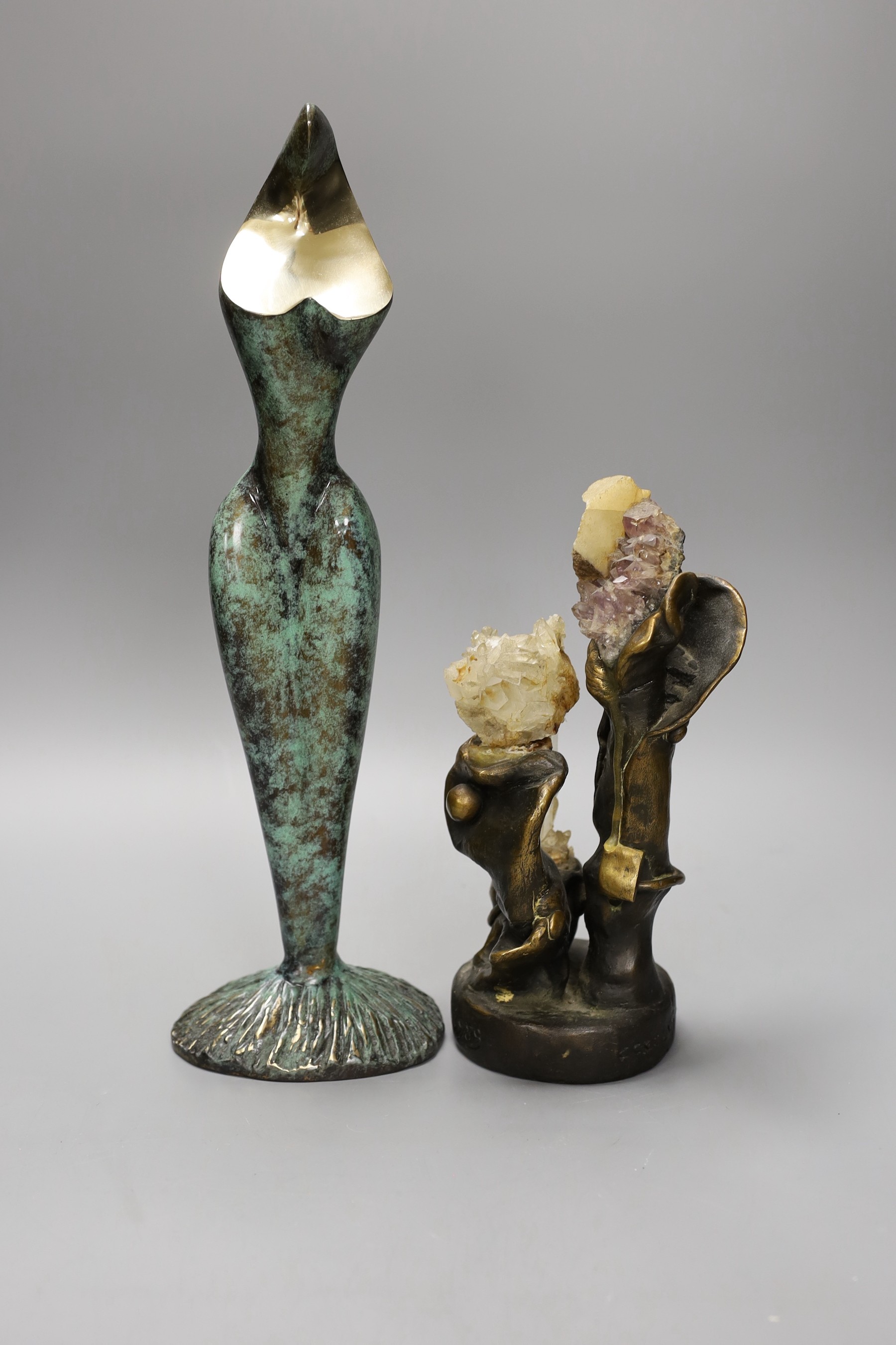 A Stanislaw Wysocki stylised bronze figure and a Rostrup bronze and quartz group (a.f), 39cm